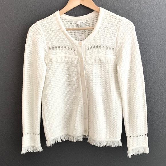 🔆NWT J-Crew Boho White Fringe Cardigan Sweater - Picture 1 of 4